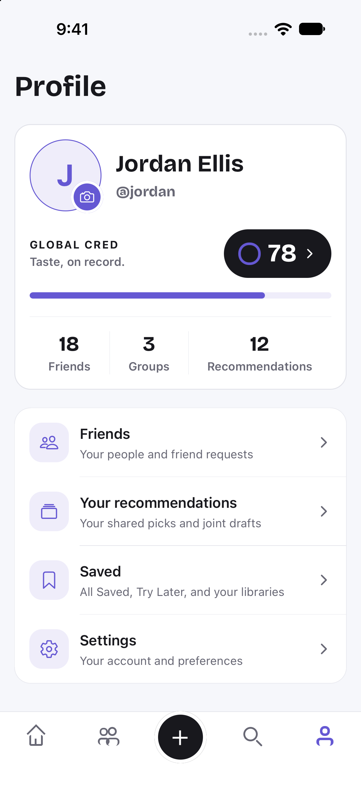 Current Kredo profile with Global Cred, friend and group counts, Your recommendations, Saved, and Settings.